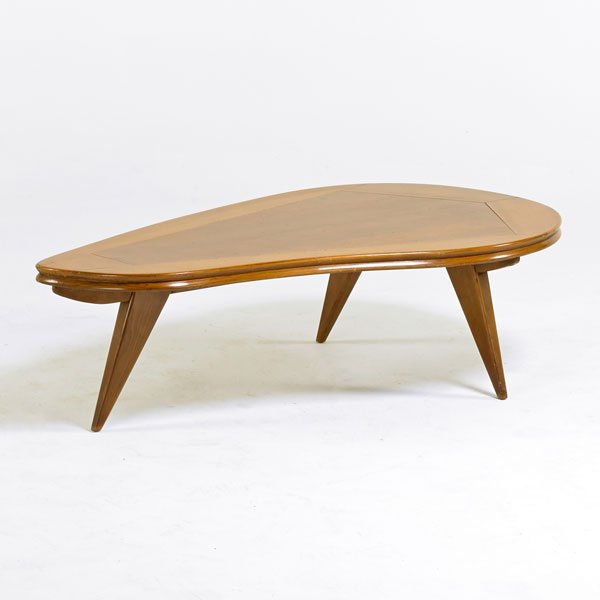 DANISH STYLE: Biomorphic coffee table, 1950s; Birch and elm; Unmarked; 15 1/2" x 55" x 31"