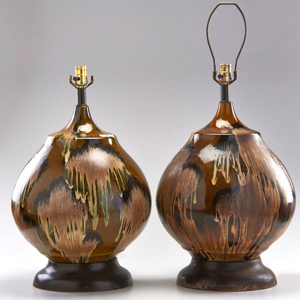 DANISH: Pair of bulbous glazed ceramic table lamps with brass bases, 1960s; Unmarked; 25" x 12" dia.