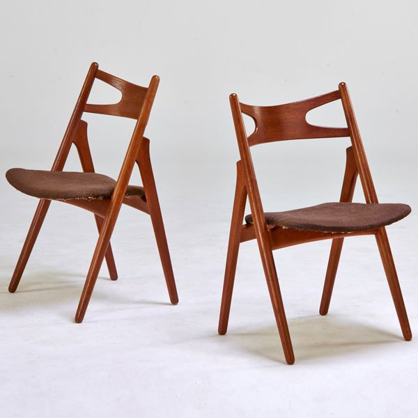 HANS WEGNER: Pair of Sawbuck chairs, Denmark, 1950s; Teak with wool upholstery; Unmarked; 32" x 20" x 19"
