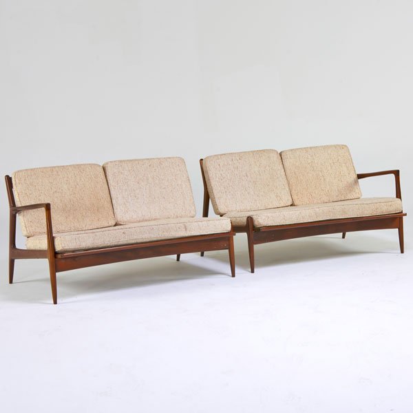 KOFOD-LARSEN; SELIG: Two-piece sectional sofa, Denmark, 1960s; Stained beech, upholstery; Unmarked; 26 1/2" x 50" x 29"