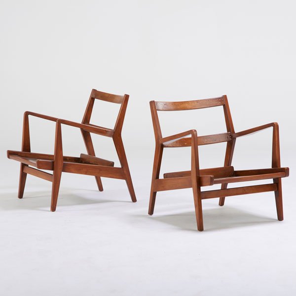 JENS RISOM: Pair of lounge chair frames, USA, 1960s; Stained birch; Unmarked; 29" x 27" x 29"