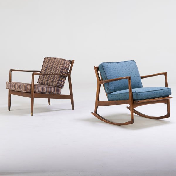 DUX; SELIG: Dux lounge chair, and Selig rocking chair, Sweden and Denmark, 1960s; Stained beech, brass, upholstery; Manufacturer labels; Lounge chair: 28" x 27" x 30", rocking: 30" x 30 1/2" x 33"