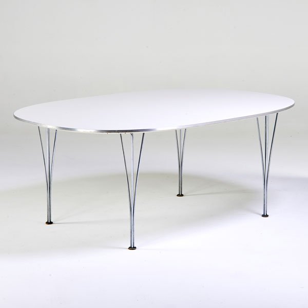 PIET HEIN AND BRUNO MATHSSON; FRITZ HANSEN: Dining table, Denmark, 1999; Laminate, aluminum, chromed steel; Paper label; 27 1/2" x 71" x 47 1/2"
