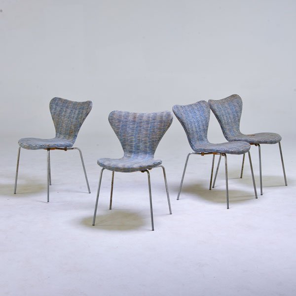 ARNE JACOBSEN; FRITZ HANSEN: Four Sevner side chairs, Denmark, 1960s; Upholstery, zinc plated metal, plastic; All marked; 29 1/2" x 20" x 21"
