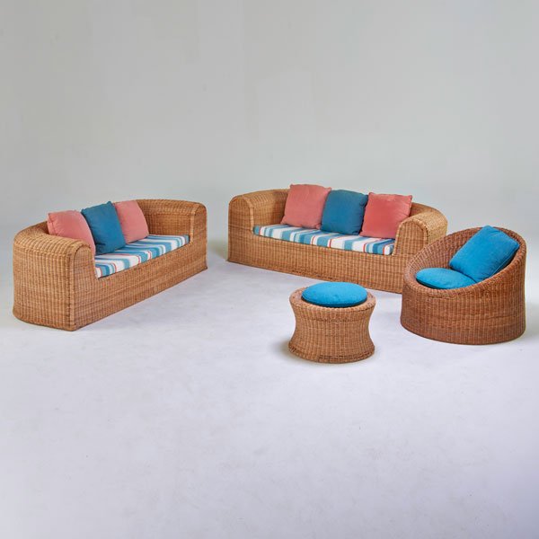 EERO AARNIO (Attr.): Two settees, lounge chair, ottoman, Finland, 1960s; Woven wicker, upholstery; Unmarked; Sofa: 24" x 75" x 34"