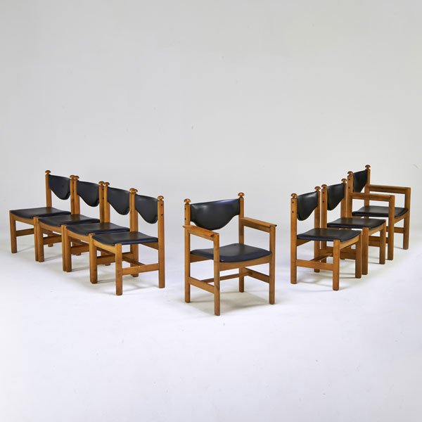 LEPOFINN: Set of eight dining chairs: two arm-, six side-, Finland, 1970s; Birch, vinyl; Some tagged; Arm-: 33" x 19" x 25"