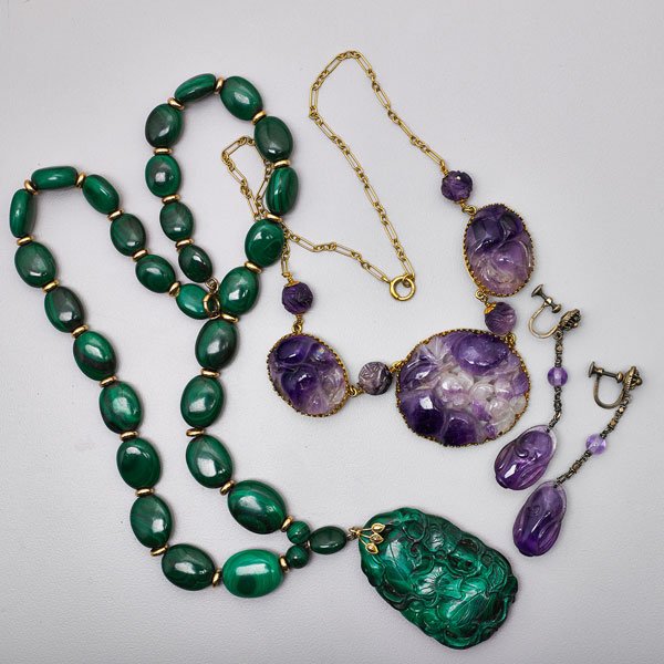 COLLECTION OF CARVED HARDSTONE ASIAN JEWELRY: Four pieces: Three panels carved amethyst in crown setting, largest 1 1/2" x 1 1/4",14k yg., paperclip link chain, 15"; Persimmon carved amethyst and silver pendant earrings, screw back for unpierced