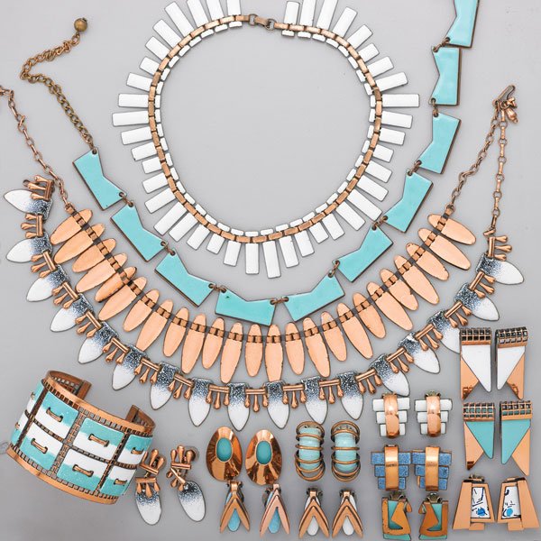 ENAMELED COPPER JEWELRY, MATISSE, ETC.: Twenty-five geometric pieces in blue, turquoise and white: "Tapestry" open cuff in turquoise and white, 1 3/4"; "Peter Pan" white necklace; "Nefertiti" turquoise necklace; Matisse fringe speckled neck