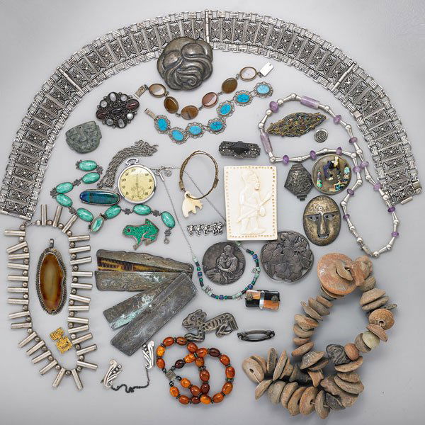 GROUP OF SOUVENIR JEWELRY AND ACCESSORIES: Thirty-five pieces includes necklaces, brooches, bracelets, Mexican and Danish silver, Georg Jensen brooch #141, circa 1933, open faced Longines pocket watch with white dial and Arabic numerals, South