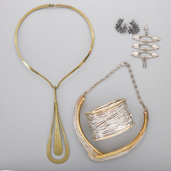 GROUP OF MODERNIST JEWELRY: Six items: Collar necklace with hinged kinetic hanging element, hand signed "Brun", drops 5 1/2"; David Anderson sterling joined link pendant, drops 2 1/2", marked "David Andersen Norway Sterling 925S