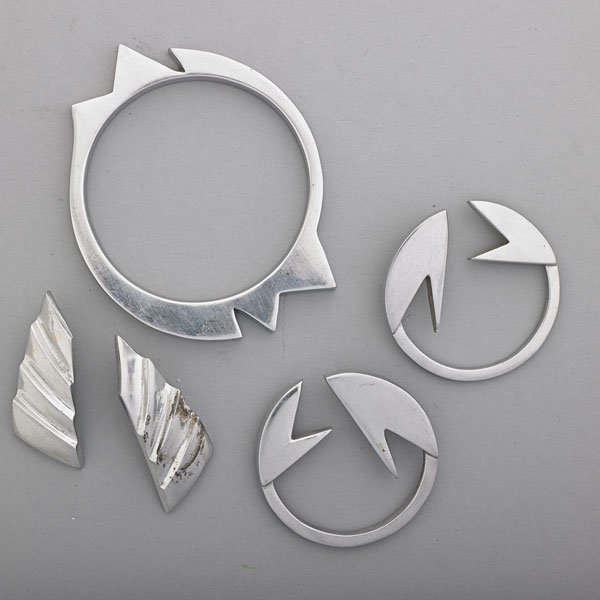 GLEN YANK ALUMINUM BRACELET AND EARRINGS: Five pieces of punk jewelry by Glen Yank includes: Bangle bracelet, pair of earrings, and unmarked pair of earrings