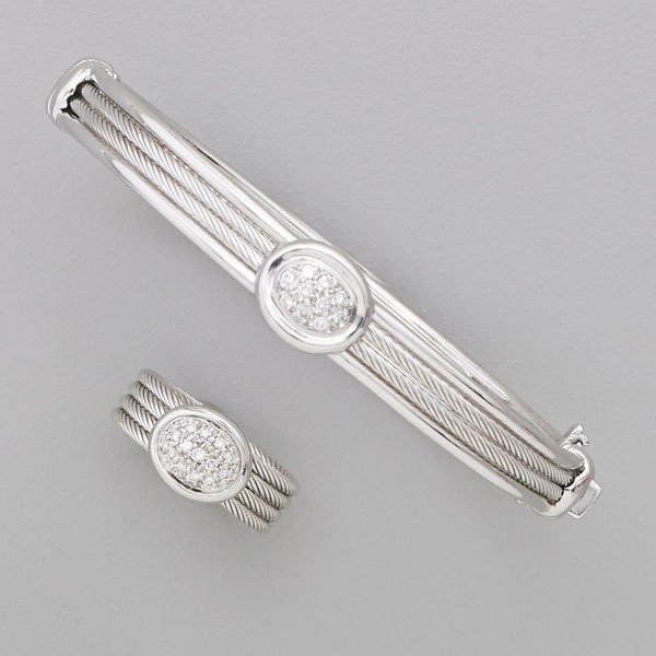 PHILIPPE CHARRIOL DIAMOND BRACELET AND RING: 18k wg. and stainless steel hinged multi cable bracelet with pave set diamond boss accents, .23 ct. TW, with ring designed in the same manner; Marked "Philippe Charriol 750"; Bracelet accommodates 7",