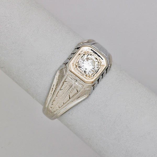 ART DECO DIAMOND 18K WHITE GOLD RING: Old Jubilee cut diamond, approx. .50 ct. in square setting with pierced and incised decoration, ca. 1930; Size 8 1/2; 3.4 dwt.