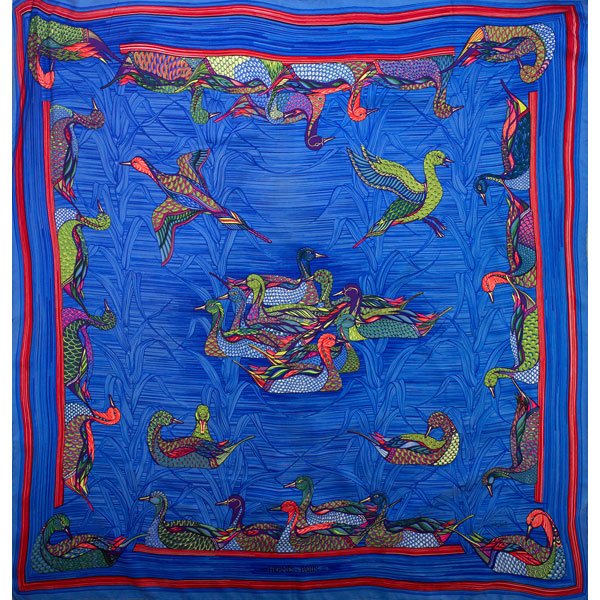 HERMES "LA MARE AUX CANARDS" SILK SCARF: In blue and red by Daphne Duchesne; 34" x 34"