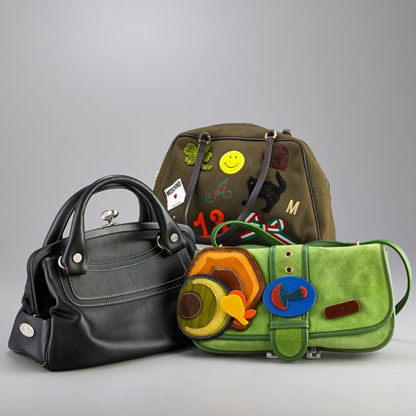 THREE RECENT DESIGNER HANDBAGS: Whimsical Miu Miu green suede cross body tote with colorful fabric and plastic applique, purple stitching, snap closure and multiple interior compartments, adjustable strap, 11 1/2" x 6 1/4" x 3"; Mos