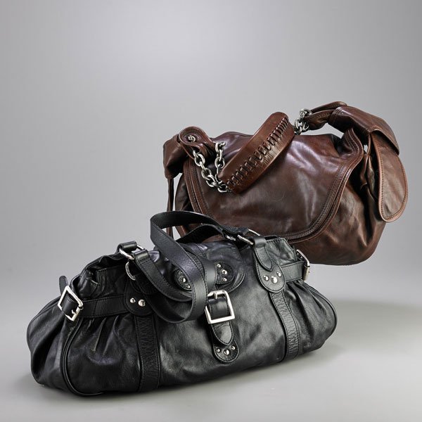 TWO DESIGNER LEATHER HANDBAGS: Givenchy dark brown distressed leather flap hobo, wide strap handle attached with silver tone chain links, brown suede interior, 10" x 13"; Longchamp black leather handbag with silver tone hardware, s