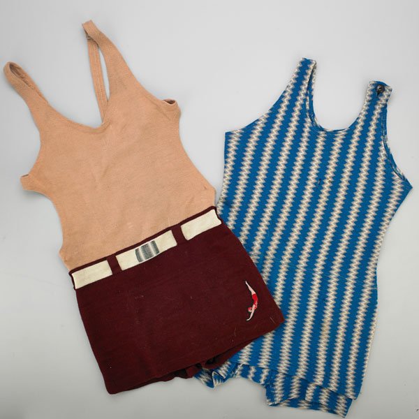 TWO WOOL SWIMSUITS, EARLY 1920'S: Jantzen, maroon and rose with white "belt", dated Sept. 6, 1921, men's size 44, with original tag; Zigzag blue, grey and white by Rugby knitting, Buffalo, NY.; In original retail box