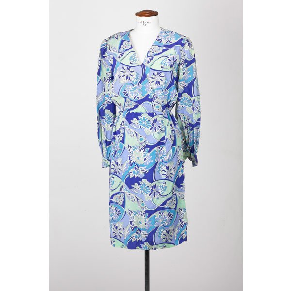 EMILIO PUCCI CLOTHING AND ACCESSORIES: Five pieces: velvet envelope clutch with snap closure, 5 1/2" x 8 1/2"; Square satin tote, snap closure, 7 1/4" x 7 1/4"; Narrow silk scarf with beaded tassel, 12 1/2" x 55 1/2"; Two long sleeved dres