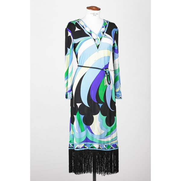 EMILIO PUCCI SILK "MIDI" DRESS: Printed silk with black fringe at hemline and crystal bead tassel belt; Retailed by Saks Fifth Avenue; Size 10