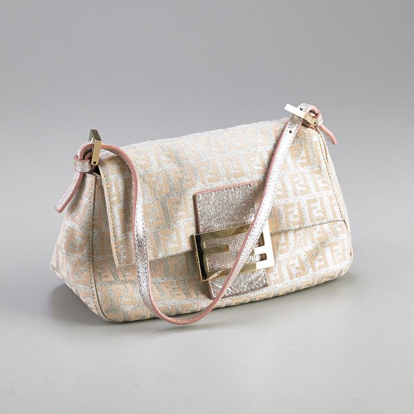 FENDI SHIMMER ZUCCA BAGUETTE: Metallic printed fabric in Fendi monogram, metallic leather trim, silver tone magnetic snap closure, light pink satin interior; 5" x 8" x 4"