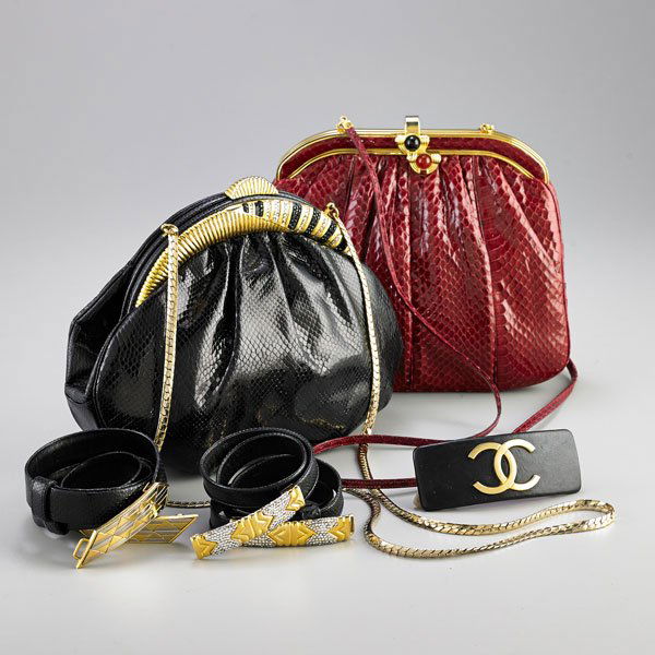 JUDITH LEIBER AND CHANEL HANDBAGS AND ACCESSORIES: Five pieces: Judith Leiber skin handbag, red with gold tone frame, red and black cabochon stone snap closure with attached skin strap; Judith Leiber skin handbag black with gold tone, black and white