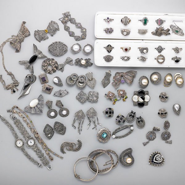 SILVER JEWELRY, MOST WITH MARCASITE: Seventy-seven pieces: Brooches, bracelets, earrings, rings, second half 20th c.; 793 gs. GW