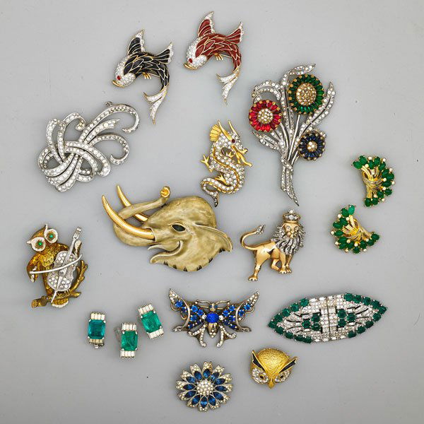 GROUP OF VINTAGE COSTUME JEWELRY: Seventeen whimsical "jeweled" and enameled pieces; Makers include Jomaz, Panetta, Castlecliff, Vendome, etc.; 1930-1980; Largest 3 1/2"