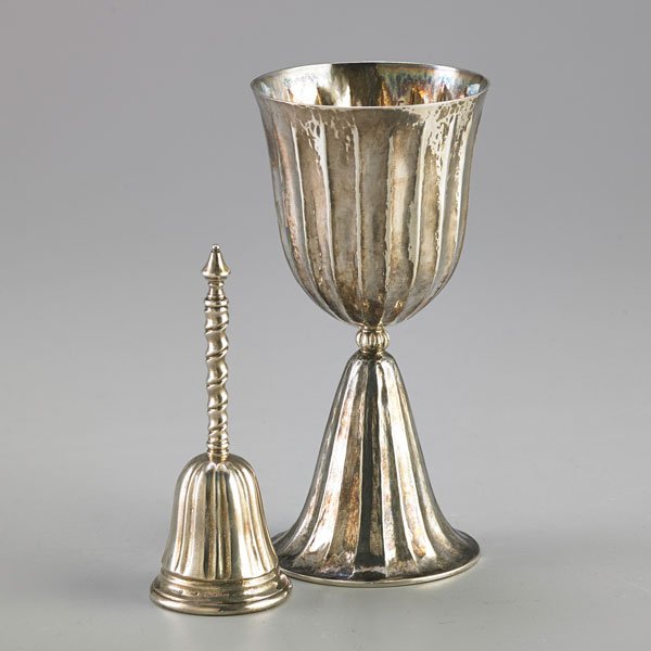 BUCCELLATI STERLING BELL AND WINE GOBLET: Fluted goblet, 6 1/4"; Reeded bell with twisted handle, 4 5/8"; Both marked; 8.7 OT