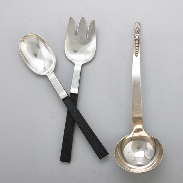 THREE MEXICAN STERLING SERVING UTENSILS: "Zacho Handmade" ebony handled salad servers, 10 1/2"; F. Ramirez blossom handled soup ladle, 10 3/4"; Late 20th c.; 11.8 OT