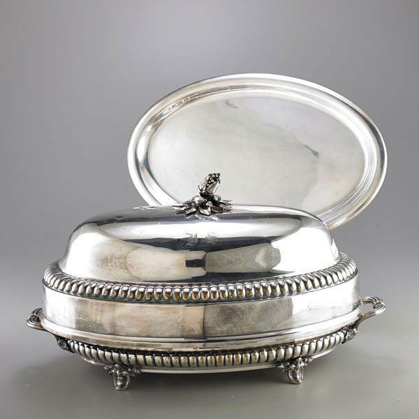 CHRISTOFLE SILVER PLATE CHAFING DISH AND FOOD DOME: Half reeded chafing dish in two parts, 19 1/2" x 11" x 4 1/4", and food dome with cast hops finial, 17 3/4" x 11 3/4" x 8"; France, 1862-1935; Monogrammed JS; Chafing dish marked #60, 26106, dome mark