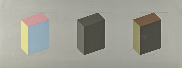 Sol LeWitt (American, 1928-2007): Forms Derived from a Cube in Color (Simple and Superimposed) & Black & Gray, Plate #1, #4 and #5, 1985; Three screenprints in colors (framed separately); Each signed and numbered 14/20; 20" x 52" (she