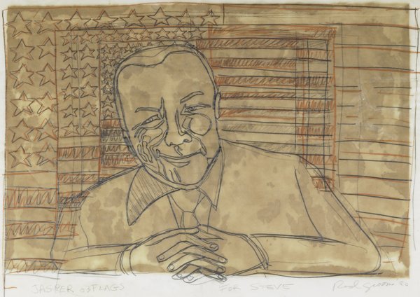 Red Grooms (American, b. 1937): Jasper & 3 Flags, 1980; Mixed media on vellum (framed); Signed, dated, titled and inscribed; 27 3/4" x 37 7/8" (sight); Provenance: Vermillion Limited Editions Collection, Minneapolis