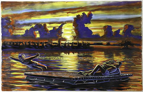 Robert Yarber (American, b. 1948): Barge, 1987; Acrylic on paper (framed); Signed and dated; 26" x 40 1/2" (sheet); Provenance: Sonnabend Gallery, New York (label on verso); Private Collection, Massachusetts