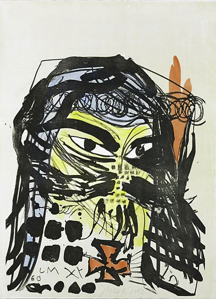 Jonathan Meese (German, b. 1970): Untitled (Portrait), 2012; Lithograph in colors (framed); Signed and dated; 30" x 21 5/8" (sheet); Provenance: Private Collection, New York