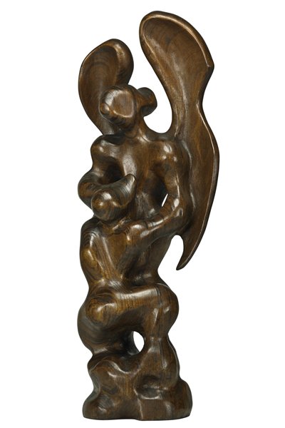 Nat Werner (American, 1908-1991): Jacob Wrestling with the Angel; Carved wood; 38 1/2" x 15" x 10"; Provenance: Shulman Family Collection