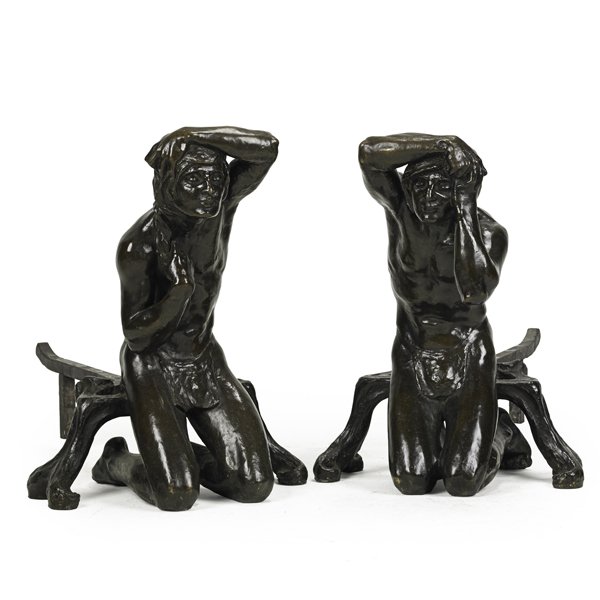 Louis McClellan Potter (American, 1873-1912): Untitled; Two bronze andirons; Each signed; 22 1/2" and 23" high; Provenance: Private Collection, New York