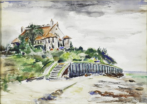 Jose De Creeft (Spanish/American, 1884-1982): Two works of art: River Crossing (Long Island, NY), 1937; Watercolor on paper (framed); Signed; 14 1/4" x 21 5/8" (sight); House on the Beach; Watercolor on paper (framed); 21 3/8" x 30" (sight); Prov