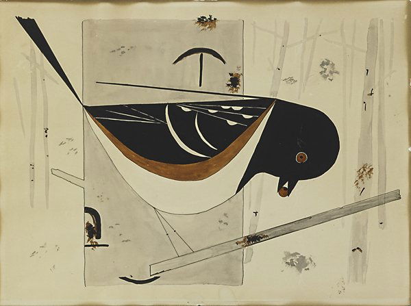 Charley Harper (American, 1922-2007): The Spotted Towhee, ca. 1956; Gouache and ink on paper (framed); 12" x 16 1/8" (sheet); Provenance: Private Collection Note: Accompanied by the magazine "Ford Times", November 1956 (illustrated on pag