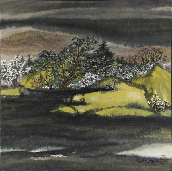 Minol Araki (Japanese, 1928-2010): Spring Landscape, 2002; Ink on paper mounted to board; Signed and dated; 34 5/8" x 34 5/8"; Provenance: Gerald Peters Gallery, New Mexico; Private Collection, New York