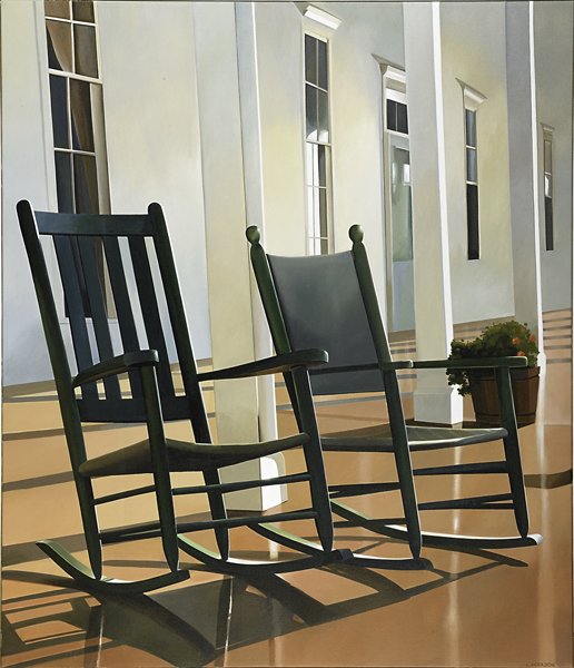 Laura Anderson (American, b. 1943): Red Porch, Green Rockers, 1986; Acrylic on canvas (framed); Signed and titled; 40" x 34"; Provenance: Grand Central Art Galleries, New York; Private Collection, New Jersey