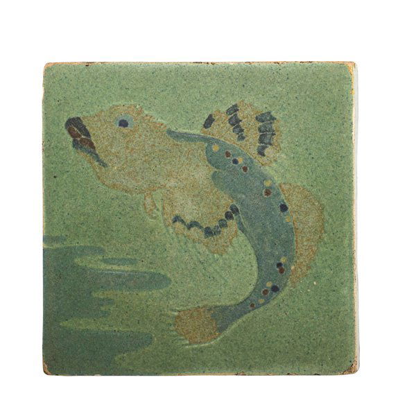 MARBLEHEAD Trivet tile with carp: MARBLEHEAD Trivet tile with carp, Marblehead, MA, ca. 1910; Stamped ship mark MP, original paper label; 1" x 6" sq.