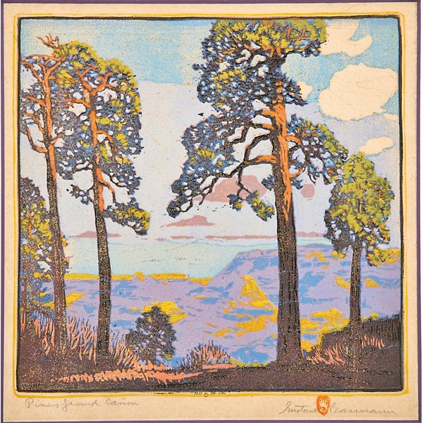 GUSTAVE BAUMANN Woodblock, "Pines - Grand Cañon": GUSTAVE BAUMANN (1881 - 1971) Color woodblock print, "Pines - Grand Cañon," Santa Fe, NM, 1921; Chop mark, signed, titled, numbered 6/100; Image: 12 1/2" x 12 1/2" Literature: Acton, Krause, and Yurt