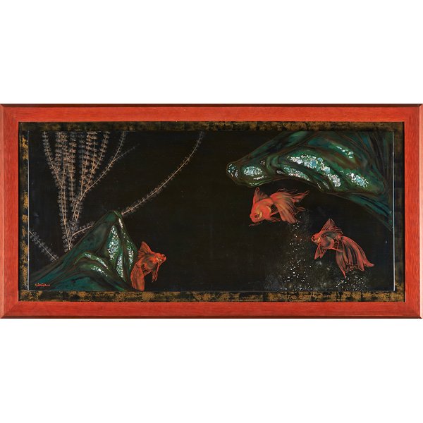 GASTON SUISSE Enameled panel with goldfish: GASTON SUISSE (1896 - 1988) Enameled panel with goldfish, France, late 1920s; Vegetal and synthetic lacquers, masonite, mother of pearl, eggshell; Signed; Total: 28" x 55 1/2", sight: 23" x 50"