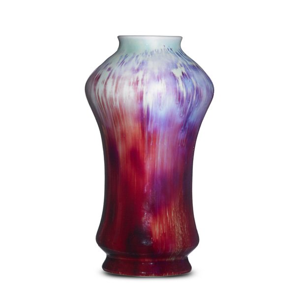 HERMANN SEGER; KPM Porcelain vase: HERMANN SEGER KPM Corseted porcelain vase, sang-de-boeuf glaze, Germany, ca. 1880; Obscured mark, numbered; 8" x 4 1/2"