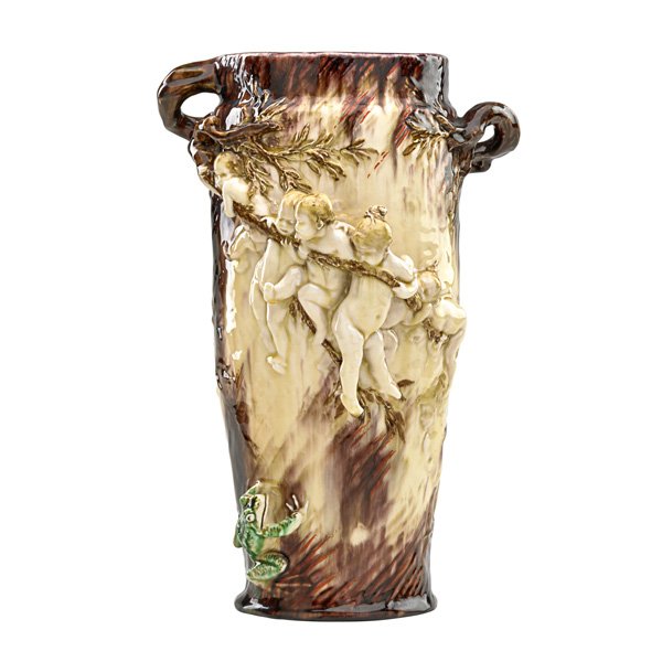 J. CHERET; THEODORE DECK Vase with putti and frogs: JOSEPH CHERET (1838 - 1894) THEODORE DECK Glazed ceramic vase with putti and frogs, France, 1880s; Incised TH DECK/A, impressed Cheret signature to body; 14" x 9"
