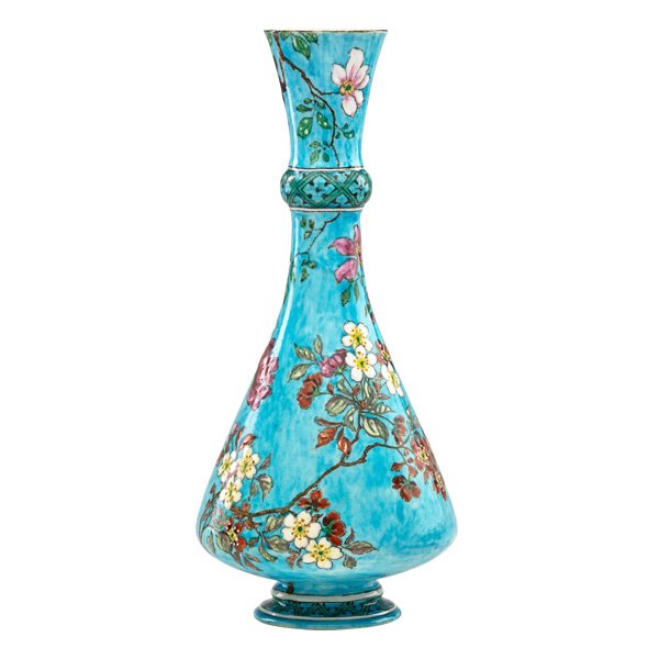 THEODORE DECK Corseted bottle with flowers: THEODORE DECK Corseted bottle enamel-decorated with prunus, France, 1880s; Signed TH DECK; 14" x 6"