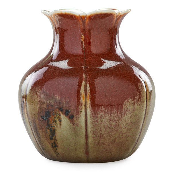 THEODORE DECK Porcelain vase: THEODORE DECK Lobed porcelain vase, celadon and sang-de-boeuf glaze, France, ca. 1880; Signed; 9 1/2" x 8 1/2"