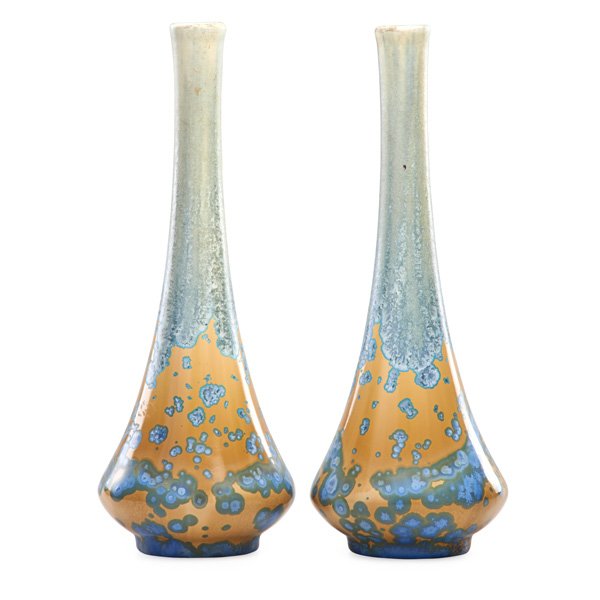 PIERRE-ADRIEN DALPAYRAT Pair of vases: PIERRE-ADRIEN DALPAYRAT (1844 - 1910) Pair of pierced vessels, crystalline glaze, Bourg-La-Reine, France, ca. 1900; Stamped Dalpayrat Made in France 98; 16 1/4" x 6"