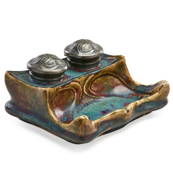 PIERRE-ADRIEN DALPAYRAT Stoneware inkwell: PIERRE-ADRIEN DALPAYRAT (1844 - 1910) Glazed stoneware double inkwell with metal lids, sang-de-boeuf and deep turquoise glaze, Bourg-La-Reine, France, ca. 1900; Signed; 3 1/4" x 6 1/2" x 6"