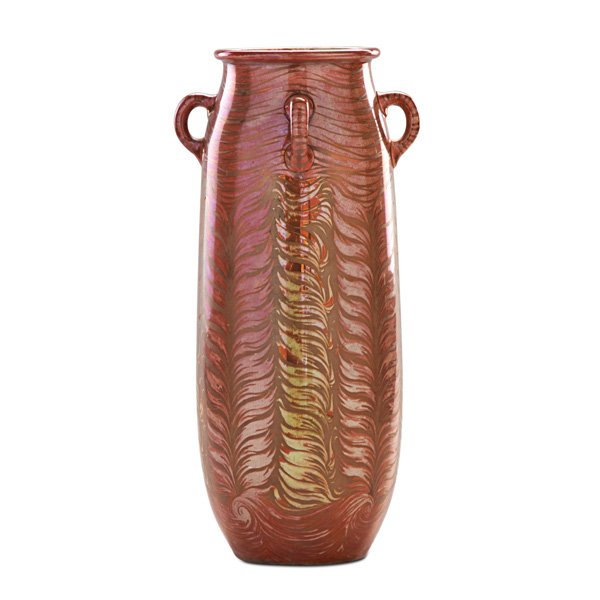 KELLER & GUERIN Tall vase: KELLER & GUERIN Tall glazed ceramic vase with feather pattern, lustre glaze, Luneville, France, ca. 1900; Signed K & G Luneville 275; 14 1/2" x 6"